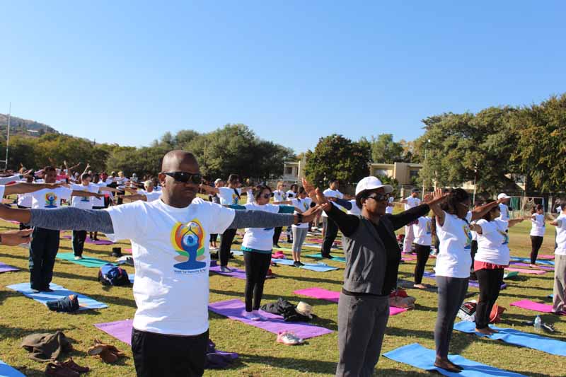 Hon. Christine Hoebes, Namibian Dy Minister of International Relations  and Cooperation and His Worship Muesee Kazapua, Mayor of the City of Windhoek  during  the main event of International Day of Yoga on June 23, 2018