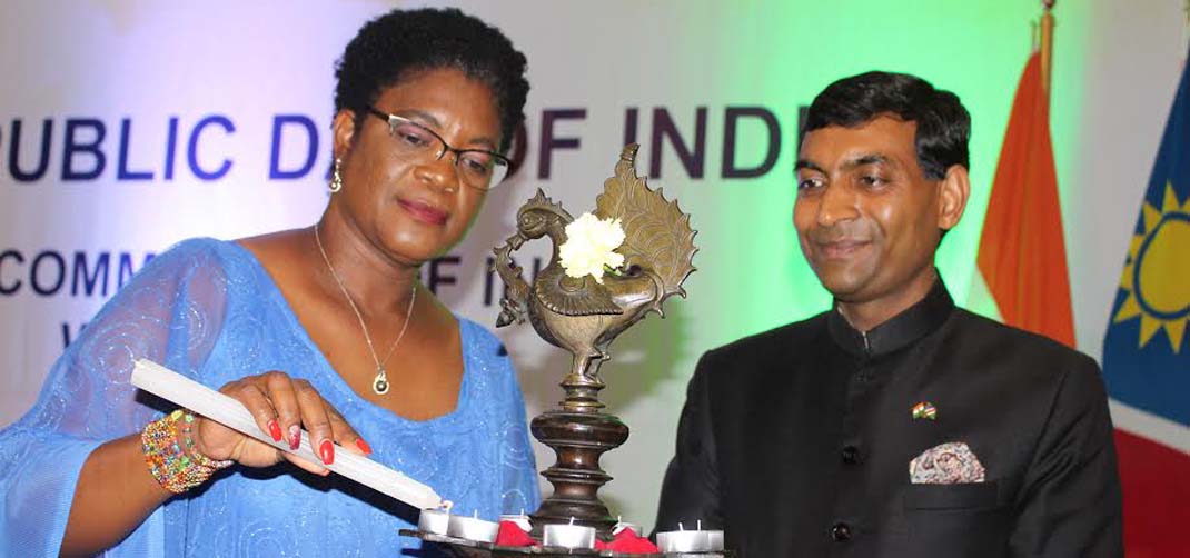 <p>Hon. Christine// Hoebes, Deputy Minister of Ministry of International Relations & Cooperation lighting the lamp with High Commissioner on the occasion of 70th Republic Day of India</p>
