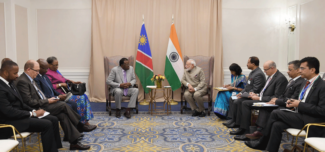 <p>Prime Minister Narendra Modi meets the President of the Republic of Namibia, Dr. Hage G. Geingob, on the sidelines of the United Nations (UN) session, in New York, USA on September 23, 2019</p>
