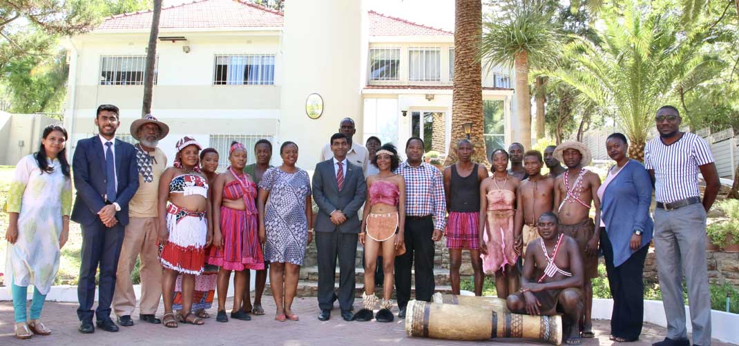 <p>Namibian Multiculture Group, which participated in Surajkund International Crafts Fair 2020 in India for the first time, at the High Commission before their departure for India</p>
