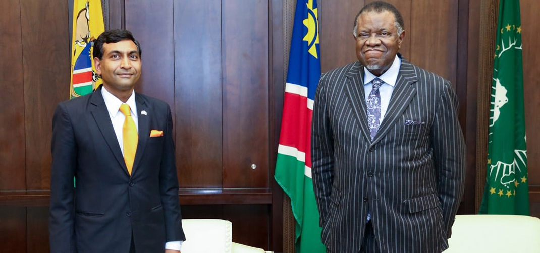 <p>High Commissioner H.E. Prashant Agrawal paid a courtesy call on the President of Republic of Namibia H.E. Dr Hage G. Geingob at State House in Windhoek</p>
