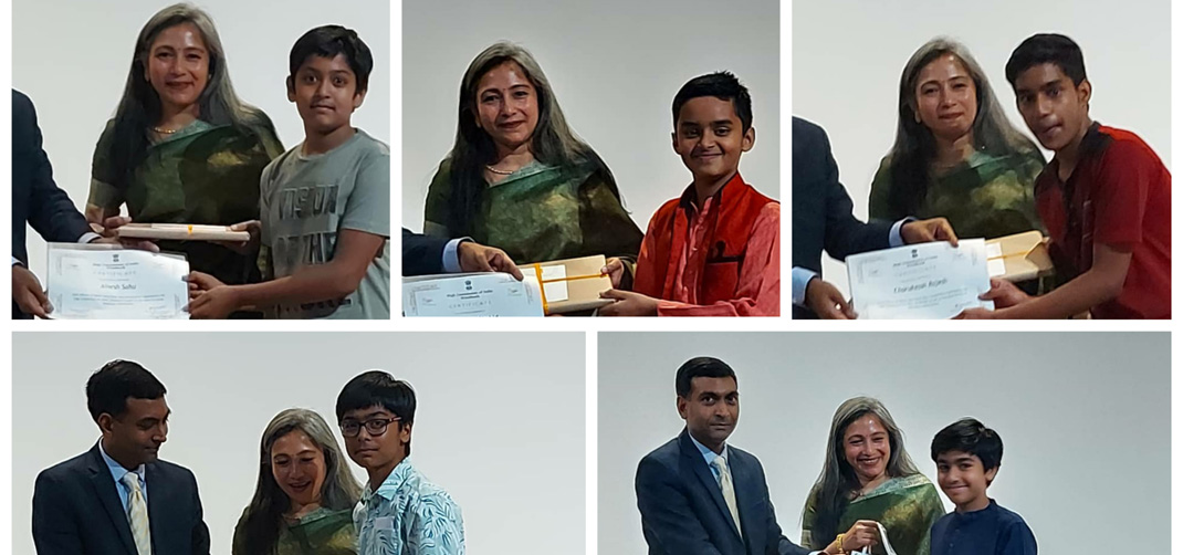 <p>Winners of the online quiz “Dekho Apna Desh” receiving awards from High Commissioner</p>
