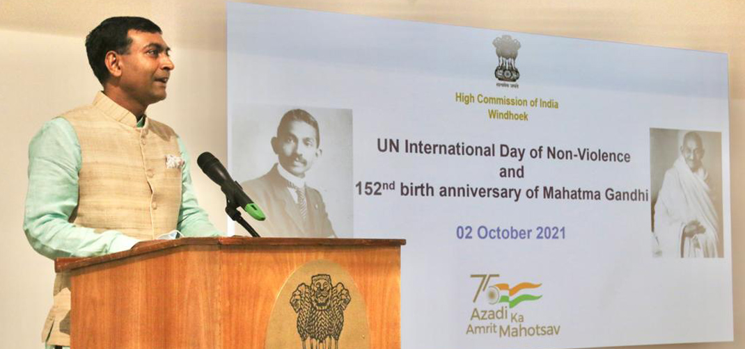 <p>High Commissioner addressed colleagues from MIRCO, media persons, ITEC and ICCR alumni, members of Indian community and Diplomat Corp. on the occasion of UN International Day of Non-Violence and 152nd birth anniversary of Mahatma Gandhi  at the Chancery.</p>
